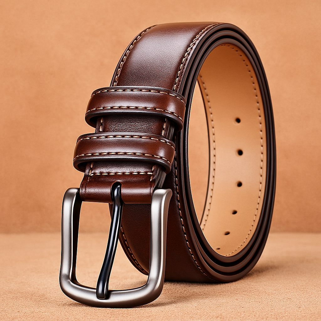 Brown leather belt with silver buckle on a brown background